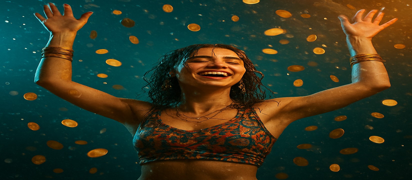মুদ্রার ঝরনার মাঝে রঙিন পোশাকে একজন নারী